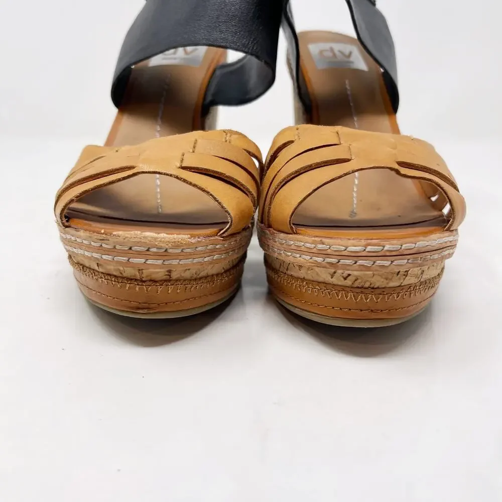 DV by Dolce Vita Womens 7.5 Honey Tan Black Jaslyn Wedge Heel Sandal Cork Buckle
